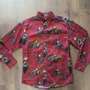 Men's Red Motorcycle-Print Button-Down Shirt by